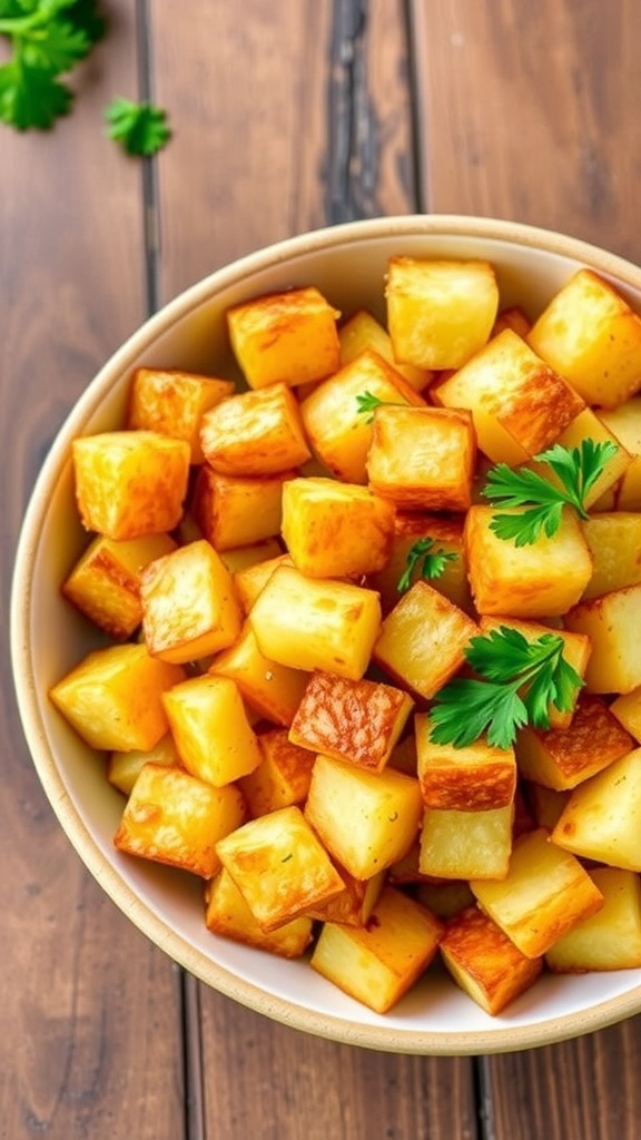 Crispy Air Fryer Diced Potatoes Recipe Crispy diced potatoes cooked in an air fryer, garnished with parsley, on a wooden table.